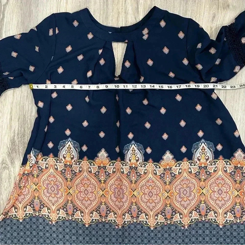 Hint of Mint 3/4 Sleeve Navy Paisley Tunic Top Flowy Boho Hippie Dress Size XL - Picture 3 of 7